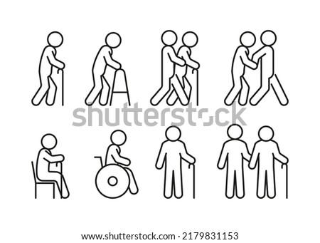 Senior elder people line icon set. Old persons with stick and handicap. Linear symbol. Disabled care, help volunteer. Vector outline sign