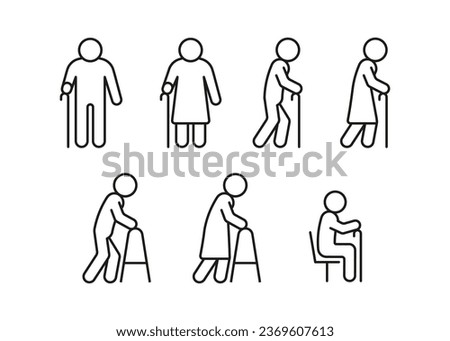 Senior elder people line icon set. Old persons with stick and support. Linear symbol. Care for disabled people. Vector outline sign