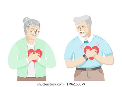 Senior elderly couple with hands touching his chest area with pain symptom of Heart disease and acute heart attack. Vector illustration