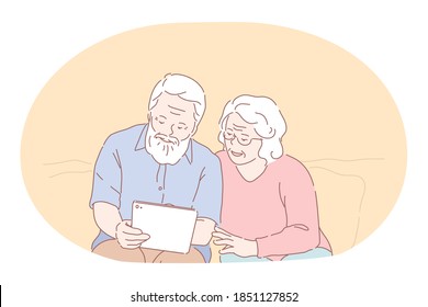 Senior elderly couple living happy active lifestyle concept. Mature aged couple grandparents cartoon characters sitting looking at photos in photo album and enjoying time and love together at home 