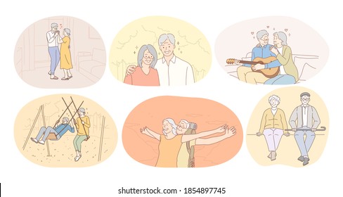 Senior Elderly Couple Living Happy Active Lifestyle Concept. Mature Aged Couple Pensioners Loving, Singing, Having Fun, Playing, Walking With Dear People Together. Retiree, Pensioner Happiness