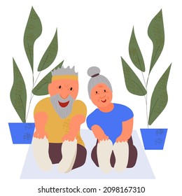 Senior elderly couple living happy active lifestyle concept. Mature aged couple grandparents flat characters doing workout  and enjoying time and love together. Fitness, sport, train