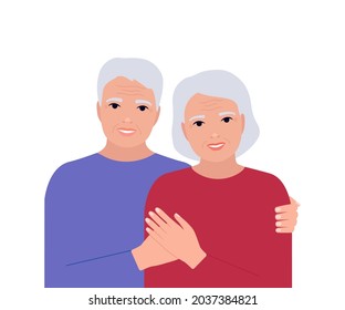 Senior elderly couple man and woman hug together. Grizzle and with wrinkles people. Family old age, happy pair, love. Vector illustration