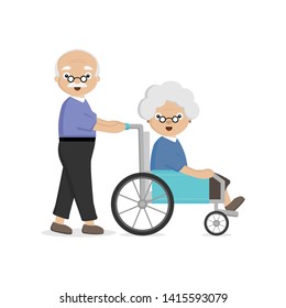 Senior Elderly couple. Old man carries an old woman in a wheelchair.