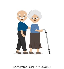 Senior Elderly couple. Old man helping  an old woman with walking stick.