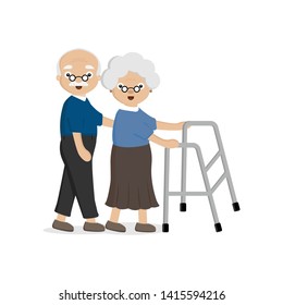 Senior Elderly couple. Old man helps an old woman walking with a walker.