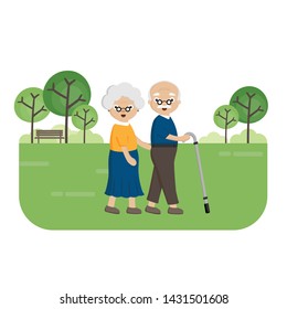 Senior Elderly couple in the park. Old woman helps an elderly man walking with a walker.
