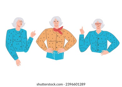 Senior elderly good looking and confident woman character with various face expression and gestures of asking a question, having an idea, and confidence, flat vector illustration isolated on white.