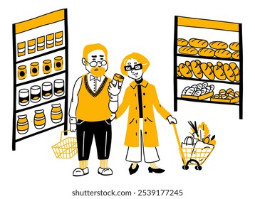 Senior and elderly lady shopping in supermarket. Old men and woman with cart and basket choosing grocery goods. Grandparents couple in shop. Cartoon doodle hand drawing vector illustration isolated 