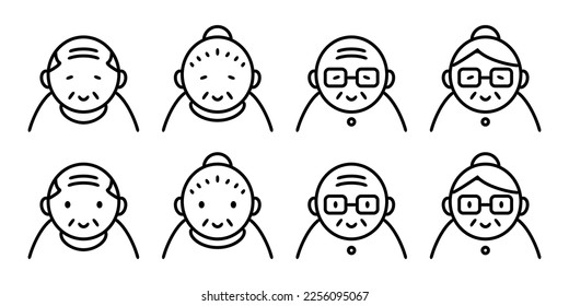 Senior, elderly line drawing icon. Elderly couple's smile, grandpa and grandma wearing glasses Respect for the Aged Day, black and white vector illustration material