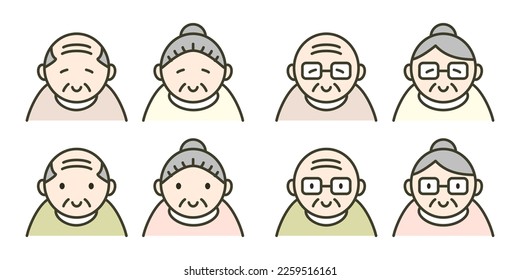 Senior, elderly line drawing icon. Elderly couple smile, grandpa and grandma wearing glasses Respect for the Aged Day, color vector illustration material