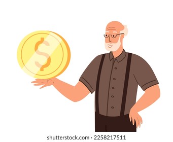 Senior Elderly Man Character Holds Large Golden Coin.Wealthy retirement,Prosperous Life in Old Age.Positive Rich Retired Man Receives High Income.Isolated, White Background.People Vector Illustration