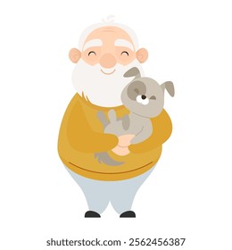 Senior elderly man with a dog in his arms