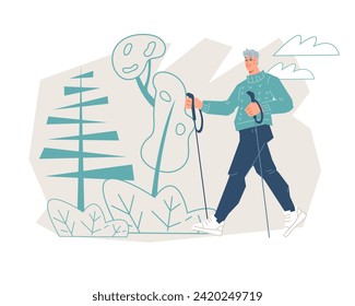 Senior elderly man engaged in Nordic walking. Physical fitness to improve cardiovascular health and longevity. Nordic walking banner backdrop for promotional needs, vector isolated on white.