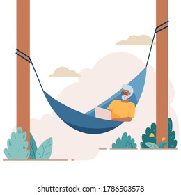 Senior Elderly Man Lies With Laptop On Hammock. Vector Illustration In Flat Cartoon Style