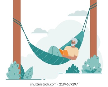 Senior elderly man resting at nature, laying in hammock and reading book. Vector flat illustration