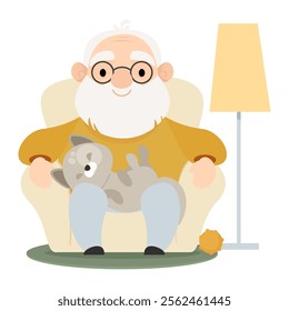 Senior elderly man sits in a soft chair at home with a cat on his lap