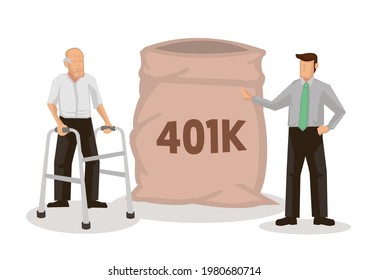 Senior elderly man stand with bag of dollar for his retirement. Retirement mutual fund, 401k or Roth IRA savings. Retire and financial freedom concept. Vector illustration.