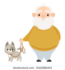 Senior elderly man walking his dog on a leash