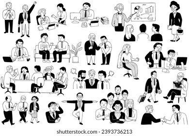 Senior, elderly, or old business people in various activities and actions. Cute character illustration design, black and white ink style. Outline, thin line art, hand drawn sketch. 