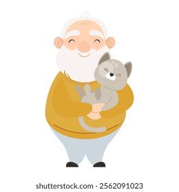 Senior elderly pensioner man holds his pet cat in his arms