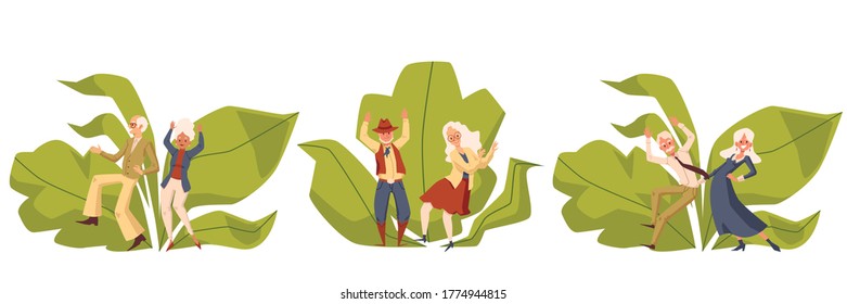 Parejas de ancianos bailando en el fondo decorativo de hojas verdes, ilustración vectorial plana aislada en fondo blanco. Cartel con abuelos activos.