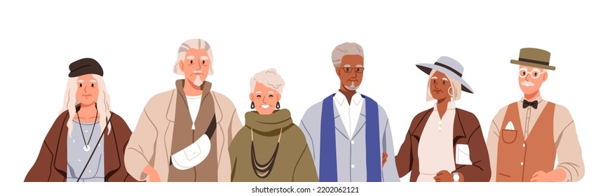 Senior elderly people in modern fashion apparel. Happy old men and women. Banner with stylish aged characters portrait in trendy outfit, clothes. Flat vector illustration isolated on white background