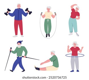 Senior elderly people training with hoop, dumbbells and jump rope. Active retired character doing gymnastics exercises, Nordic walking poles. Cartoon healthy sport lifestyle vector illustrations set