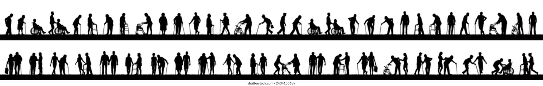 Senior elderly people with walking aids outdoors activities vector silhouette set collection. Caregiver helping senior people walking using walking aid in park silhouette set collection.	