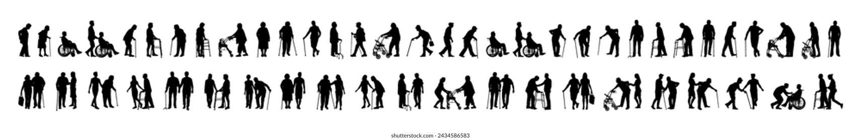 Senior elderly people with walking aids outdoors activities vector silhouette set collection. Caregiver helping senior people walking using walking aid in park silhouette set collection.	