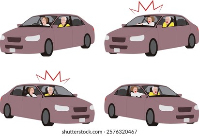 Senior elderly woman driving a passenger car. Surprised driver and woman in the passenger seat. Stunned illustration