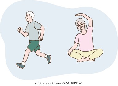 Senior elderly woman grandmother grandfather doing running and stretching yoga poses. Hand drawn vector illustration.