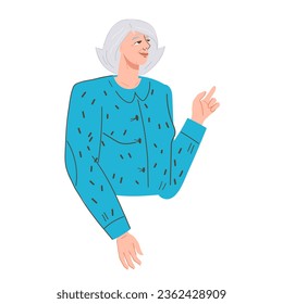 Senior elderly woman portrait or avatar, flat vector illustration isolated on a white background. Elderly aged woman pointing with finger.