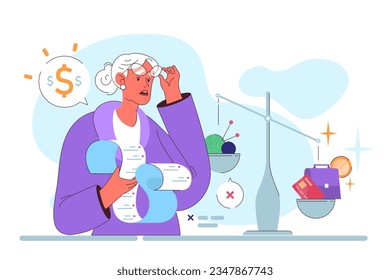 Senior employee. Elderly character keep working after retirement. Old woman, pensioner holding a bill, money shortage idea. Flat vector illustration