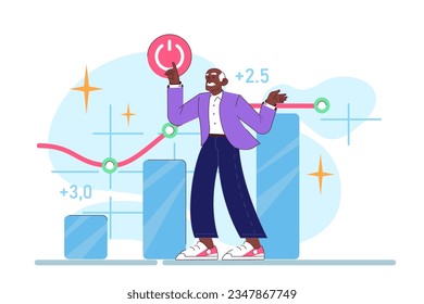 Empleado superior. El personaje mayor sigue trabajando después de la jubilación. Viejo trabajador en un uso formal de negocios. Los pensionistas invierten, ganando dinero con acciones. Ilustración vectorial plana