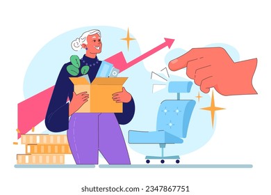 Senior employee. Elderly character keep working after retirement. Old worker in a formal business wear. Pensioner getting a job and making money in the office. Flat vector illustration Pensioner