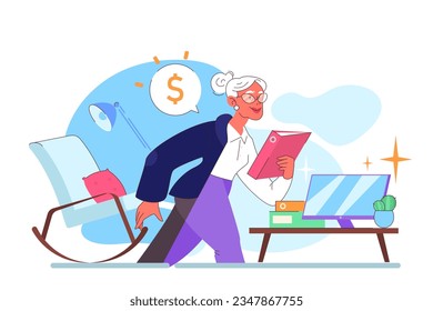 Empleado superior. El personaje mayor sigue trabajando después de la jubilación. Viejo trabajador en un uso formal de negocios. Pensionista que consigue un trabajo y gana dinero en la oficina. Ilustración vectorial plana