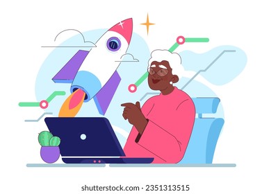 Senior employee. Elderly character keep working after retirement. Old worker in a formal business wear. Pensioner getting a job and making money in the office. Flat vector illustration