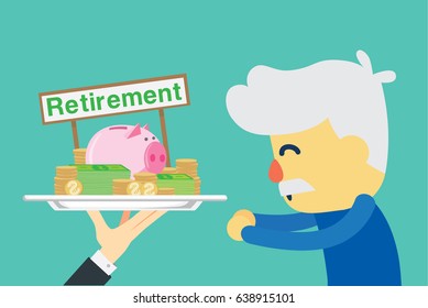 Senior employee happy with get retirement money. Illustration about saving money.