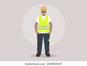 A senior engineer is dressed in a bright safety vest and hard hat, exuding confidence and expertise