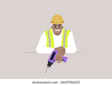 A senior engineer with a safety helmet and reflective vest sits confidently at a workbench, preparing to use a drill for upcoming construction projects, showing determination and expertise