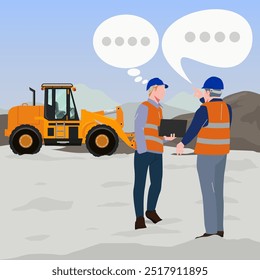 Senior engineers gives instruction to junior at the mineral mining site vector illustration