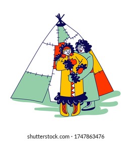 Senior Eskimos Family Characters in Traditional Warm Clothing Stand front their Yurt. Inuit Minorities Esquimau Husband and Wife Hugging Outdoors. Life in Far North. Linear Vector Illustration