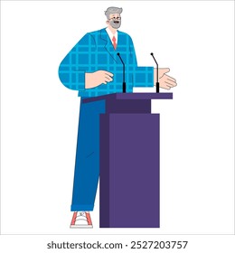 Ilustração do executivo sênior. Um empresário experiente faz uma apresentação no pódio. Liderança e confiança na estratégia corporativa. Ilustração vetorial.