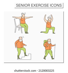 Senior Exercise Color Icons Set. Hiking, Chair Yoga, Pilates, Stair Climbing. Training Concept. Isolated Vector Illustrations