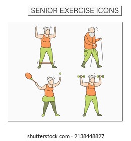 Senior exercise color icons set. Physical activity. Tennis, Scandinavian walking, stretching. Training concept. Isolated vector illustration
