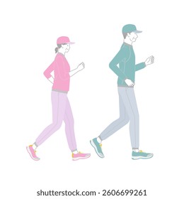 Senior exercise: Senior couple walking with smiles