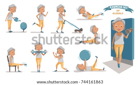 Senior exercise of female. exercising character design set. at home with a simple daily routine. Concept of health care people in the elderly.  Elderly woman of Full Body cartoon set.  
