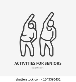 Senior Exercise Flat Line Icon. Old People Stretch Vector Illustration. Thin Sign Of Elderly Couple Doing Sport Together.