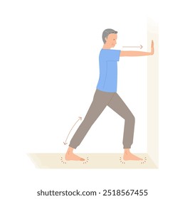 Ejercicio para adultos mayores: Una ilustración de un hombre haciendo estiramientos de presión en la pared para sus pantorrillas (para reducir la hinchazón de las piernas)